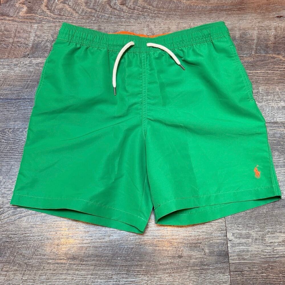 Polo Ralph Lauren Boys L (14-16) Green Swim Trunks Orange Pony Mesh Lined